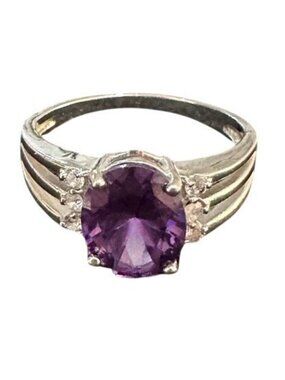 Vintage Amethyst Ring 925 Sterling Silver Signed Size 8.5 Oval Shaped Prong Set